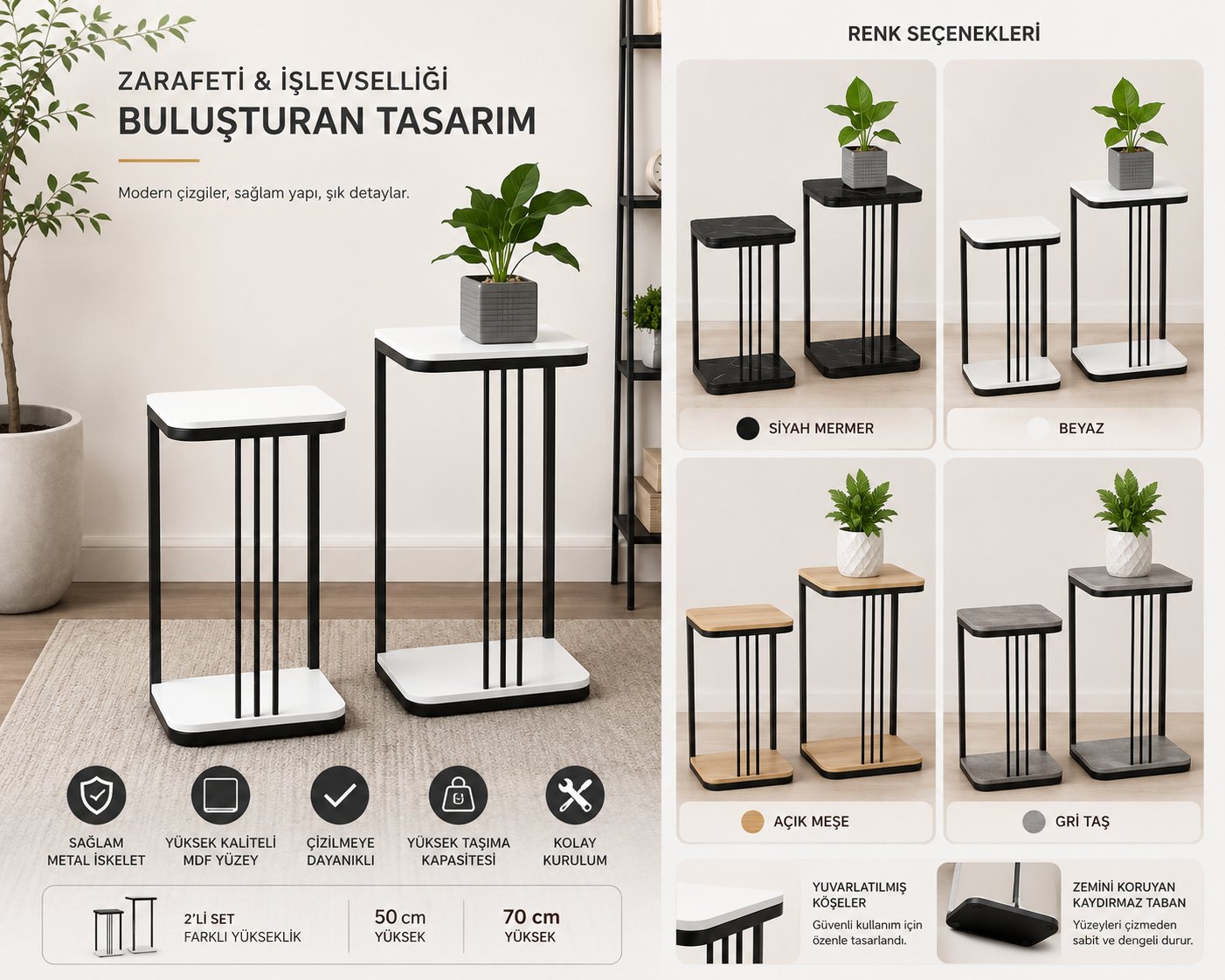 Modern Metal Çiçeklik Sehpa Seti